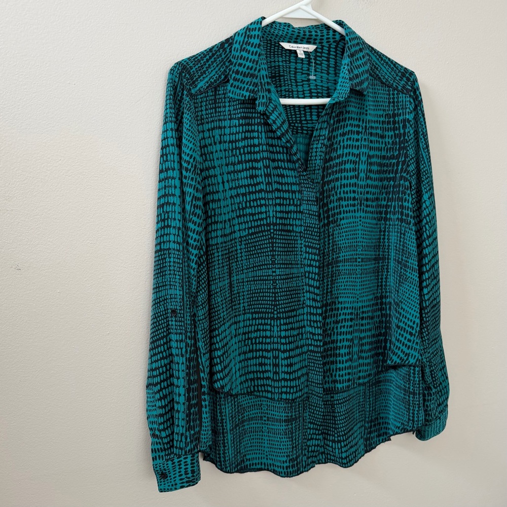 Calvin Klein Teal & Black Long Sleeve Button Down Shirt, Sz S - Picture 3 of 11